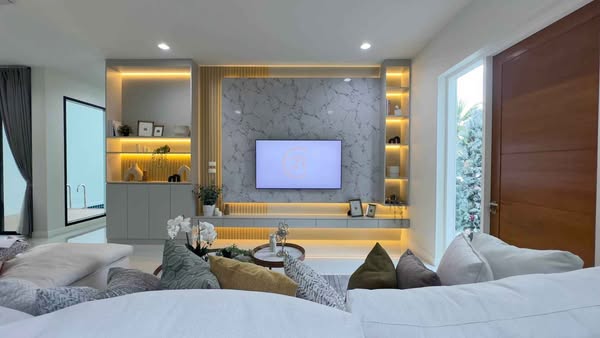 living room and bedroom of บ้าน ไทยโมเดิร์น1พูลวิลล่า