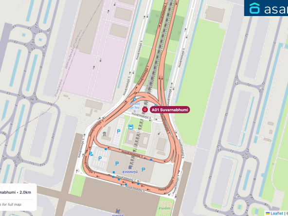 Map of condo projects near A01 Suvarnabhumi station. Nearest projects are Setthasiri Bangna-Suvarnabhumi 2.0 km. Visit asanha.com/map for the full map