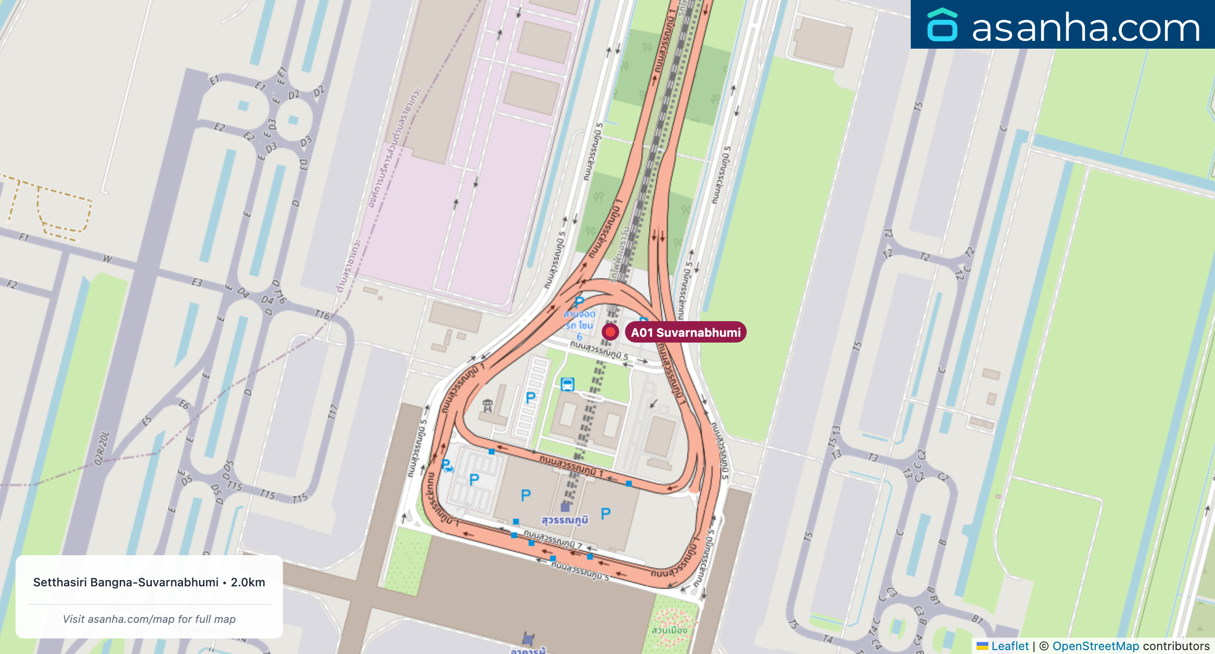 Map of condo projects near A01 Suvarnabhumi station. Nearest projects are Setthasiri Bangna-Suvarnabhumi 2.0 km. Visit asanha.com/map for the full map