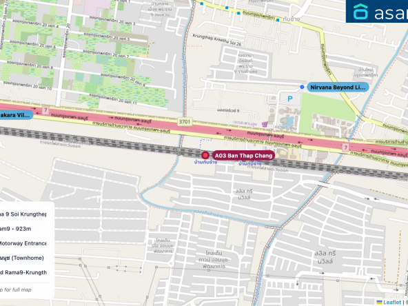 Map of condo projects near A03 Ban Thap Chang station. Nearest projects are Nirvana Beyond Lite Rama 9 Soi Krungthepkritha 32 Tabchang Saphansung Bangkok 10250 611 m, Pruksa WE/2 Onnut Praram9 923 m, Golden Nakara Village (Motorway Entrance) 1.2 km, บ้านกลางเมือง พระราม9-อ่อนนุช (Townhome) 1.7 km, Grand Bangkok Boulevard Rama9-Krungthepkritha 1.9 km. Visit asanha.com/map for the full map