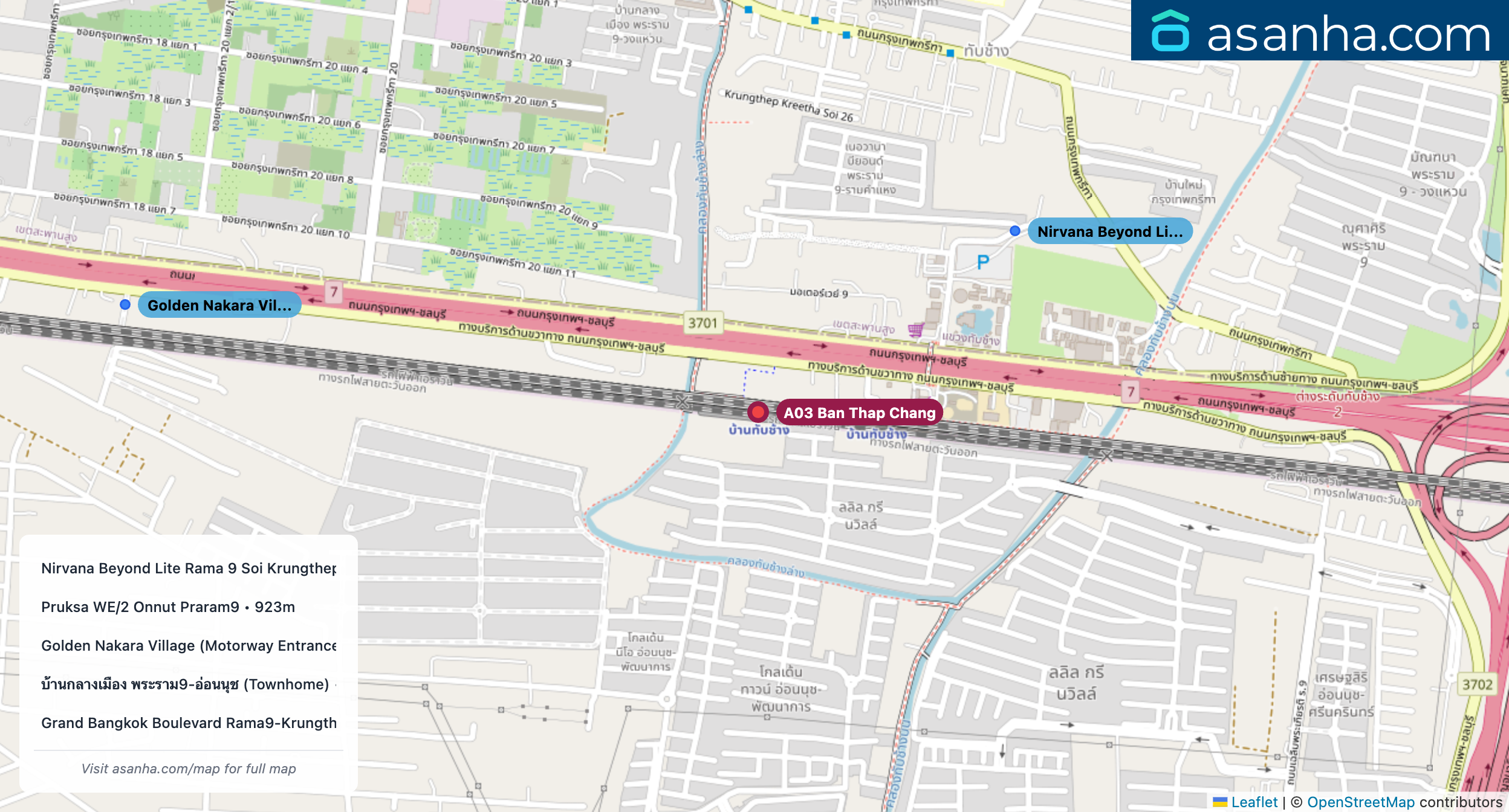 Map of condo projects near A03 Ban Thap Chang station. Nearest projects are Nirvana Beyond Lite Rama 9 Soi Krungthepkritha 32 Tabchang Saphansung Bangkok 10250 611 m, Pruksa WE/2 Onnut Praram9 923 m, Golden Nakara Village (Motorway Entrance) 1.2 km, บ้านกลางเมือง พระราม9-อ่อนนุช (Townhome) 1.7 km, Grand Bangkok Boulevard Rama9-Krungthepkritha 1.9 km. Visit asanha.com/map for the full map