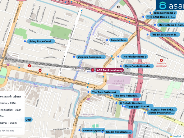 Map of condo projects near A05 Ramkhamhaeng station. Nearest projects are Veranda Residence condo เวอเรนด้า เรซิเดนซ์ คอนโด 248 m, The Tree Sukhumvit 71-Ekamai 251 m, Plum Condo Ramkhamheng Station 332 m, The Privacy Rama 9 337 m, The Tree Pattanakarn-Ekkamai 356 m. Visit asanha.com/map for the full map
