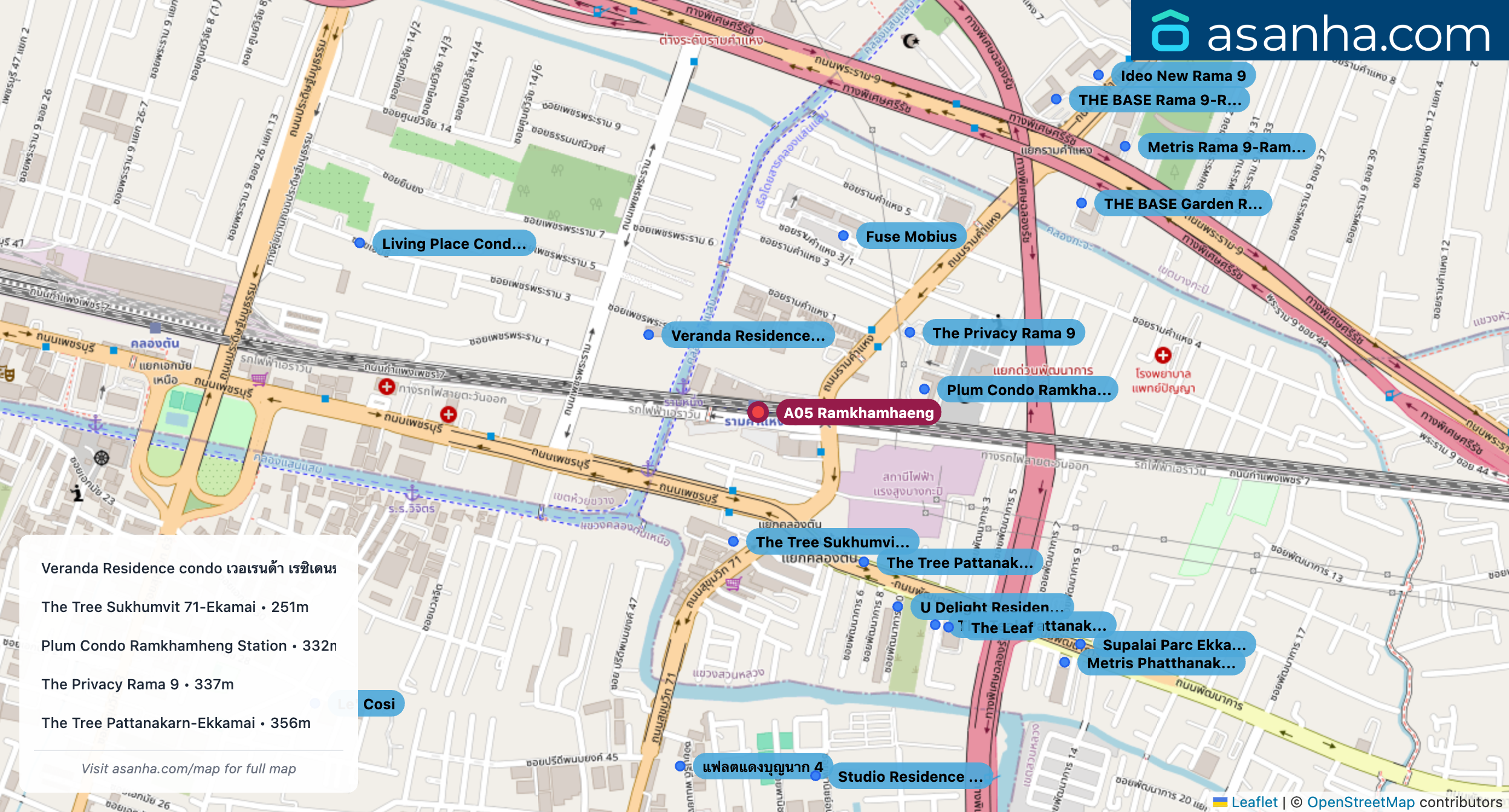 Map of condo projects near A05 Ramkhamhaeng station. Nearest projects are Veranda Residence condo เวอเรนด้า เรซิเดนซ์ คอนโด 248 m, The Tree Sukhumvit 71-Ekamai 251 m, Plum Condo Ramkhamheng Station 332 m, The Privacy Rama 9 337 m, The Tree Pattanakarn-Ekkamai 356 m. Visit asanha.com/map for the full map