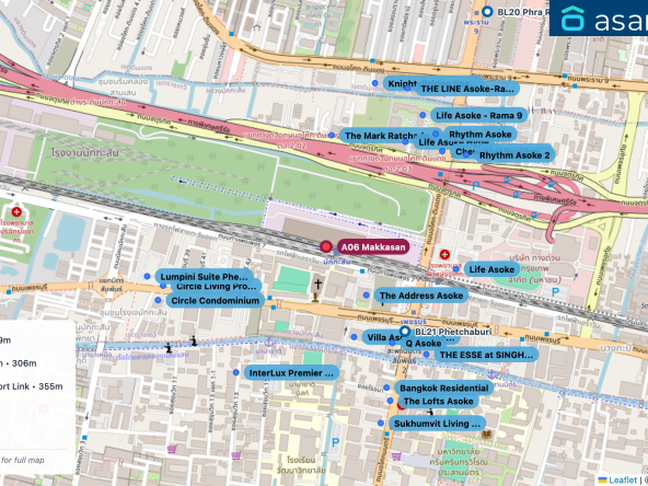 Map of condo projects near A06 Makkasan station. Nearest projects are The Address Asoke 209 m, Villa Asoke Condominium 306 m, The Mark Ratchada Airport Link 355 m, Q Asoke 381 m, Life Asoke Hype 424 m. Visit asanha.com/map for the full map