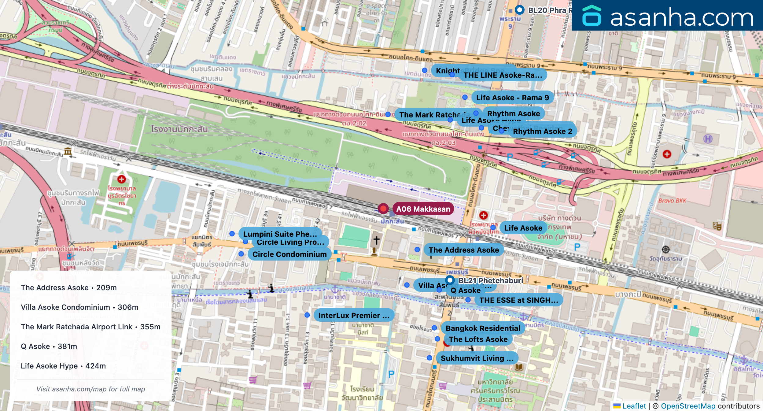 Map of condo projects near A06 Makkasan station. Nearest projects are The Address Asoke 209 m, Villa Asoke Condominium 306 m, The Mark Ratchada Airport Link 355 m, Q Asoke 381 m, Life Asoke Hype 424 m. Visit asanha.com/map for the full map
