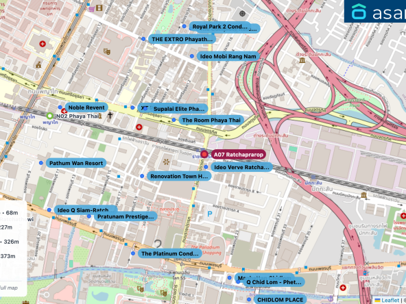 Map of condo projects near A07 Ratchaprarop station. Nearest projects are Ideo Verve Ratchaprarop 68 m, The Room Phaya Thai 227 m, Renovation Town House 326 m, Supalai Elite Phayathai 373 m, XT Phayathai 428 m. Visit asanha.com/map for the full map