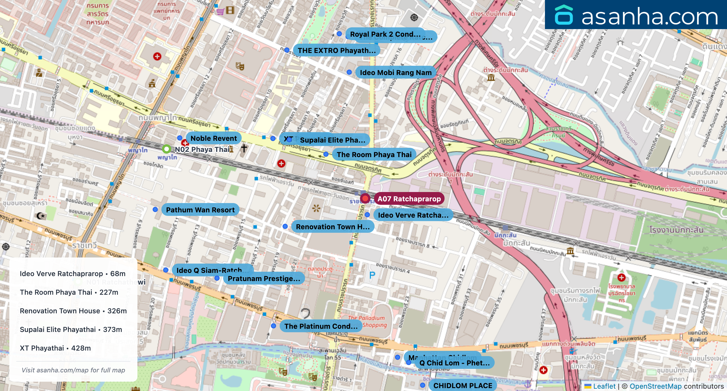 Map of condo projects near A07 Ratchaprarop station. Nearest projects are Ideo Verve Ratchaprarop 68 m, The Room Phaya Thai 227 m, Renovation Town House 326 m, Supalai Elite Phayathai 373 m, XT Phayathai 428 m. Visit asanha.com/map for the full map