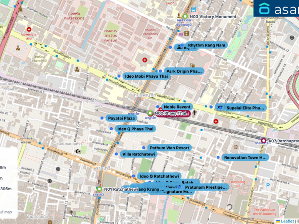 Map of condo projects near A08 Phaya Thai station. Nearest projects are Noble Revent 78 m, Pathum Wan Resort 238 m, Ideo Q Phaya Thai 282 m, Park​ Origin​ Phaya Thai 306 m, Payatai Plaza 329 m. Visit asanha.com/map for the full map
