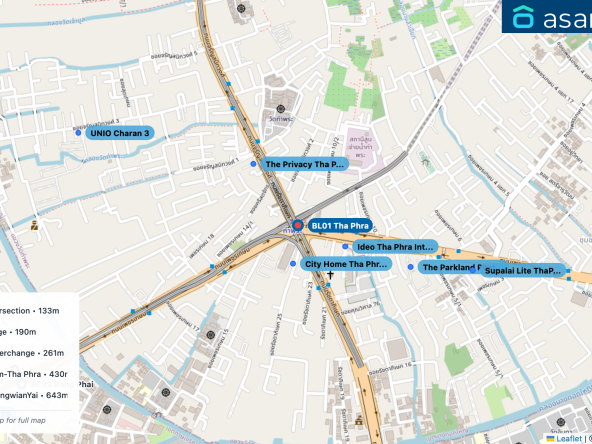 Map of condo projects near BL01 Tha Phra station. Nearest projects are City Home Tha Phra Intersection 133 m, Ideo Tha Phra Interchange 190 m, The Privacy Tha Phra Interchange 261 m, The Parkland Phet Kasem-Tha Phra 430 m, Supalai Lite ThaPhra-WongwianYai 643 m. Visit asanha.com/map for the full map
