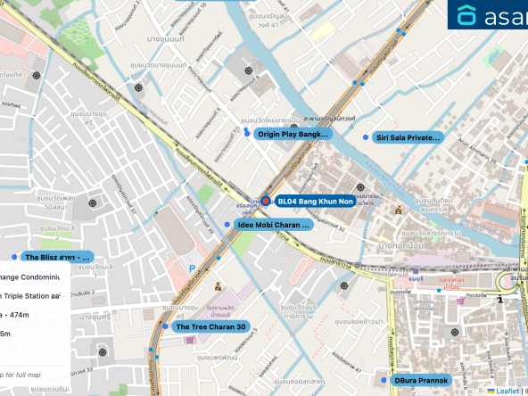 Map of condo projects near BL04 Bang Khun Non station. Nearest projects are Ideo Mobi Charan Interchange Condominium 168 m, Origin Play Bangkhunnon Triple Station ออริจิ้น เพลย์ บางขุนนนท์ ทริปเปิ้ล สเตชั่น 270 m, Siri Sala Private Thai Villa 474 m, The Tree Charan 30 625 m, DBura Prannok 848 m. Visit asanha.com/map for the full map