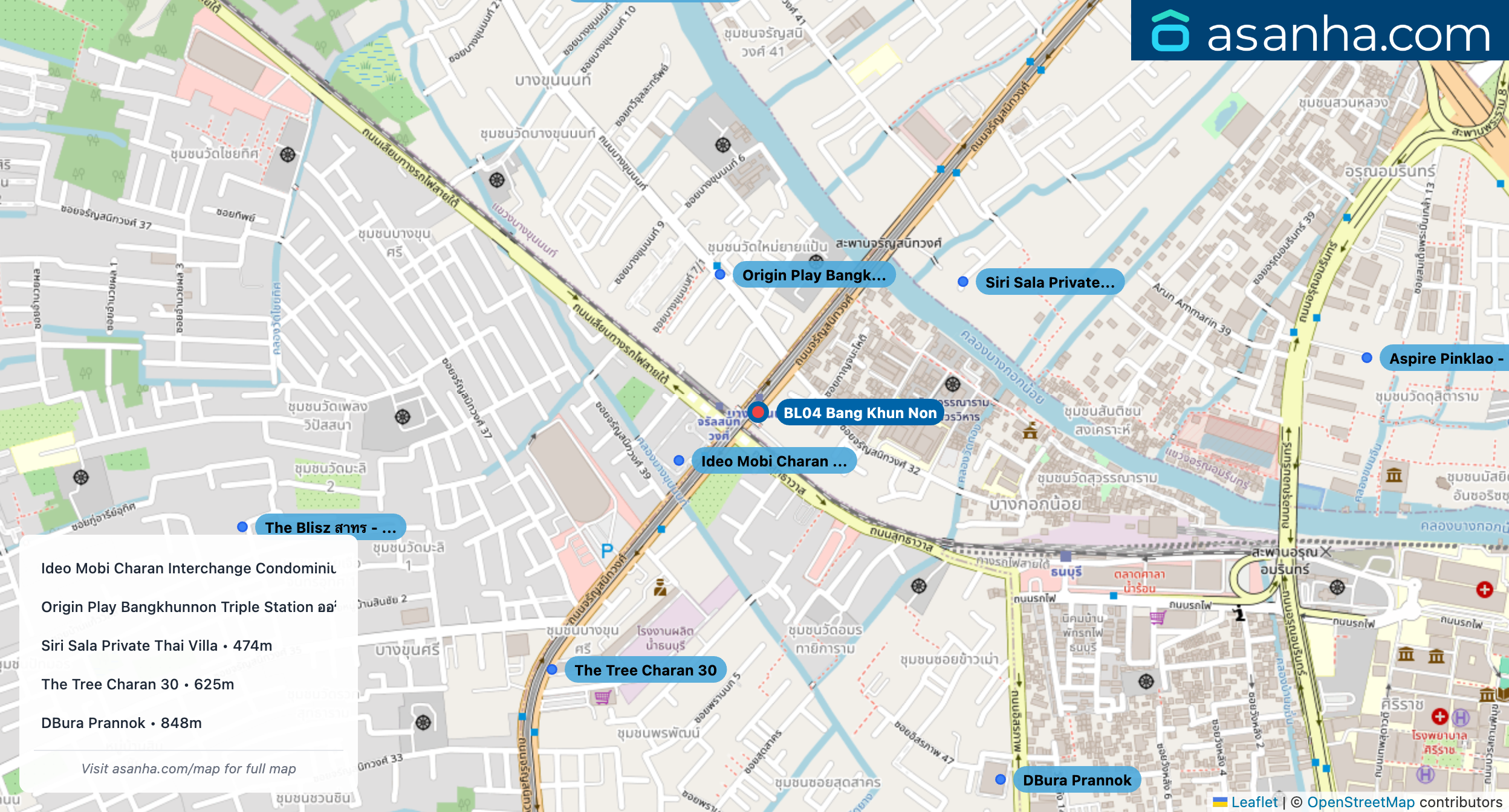 Map of condo projects near BL04 Bang Khun Non station. Nearest projects are Ideo Mobi Charan Interchange Condominium 168 m, Origin Play Bangkhunnon Triple Station ออริจิ้น เพลย์ บางขุนนนท์ ทริปเปิ้ล สเตชั่น 270 m, Siri Sala Private Thai Villa 474 m, The Tree Charan 30 625 m, DBura Prannok 848 m. Visit asanha.com/map for the full map