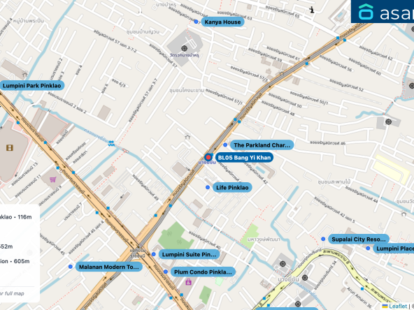 Map of condo projects near BL05 Bang Yi Khan station. Nearest projects are The Parkland Charan-Pinklao 116 m, Life Pinklao 148 m, Lumpini Suite Pinklao 552 m, Plum Condo Pinklao Station 605 m, Kanya House 681 m. Visit asanha.com/map for the full map