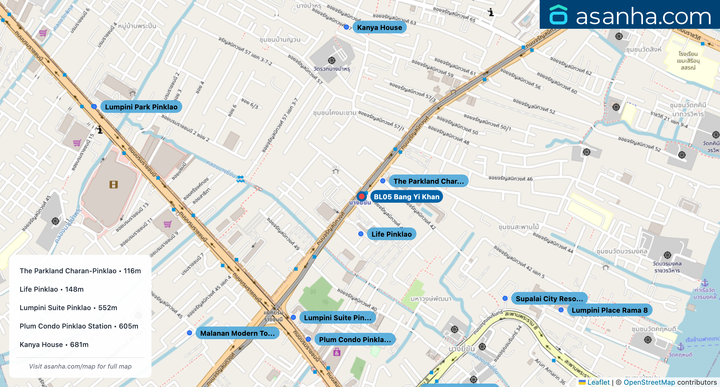 Map of condo projects near BL05 Bang Yi Khan station. Nearest projects are The Parkland Charan-Pinklao 116 m, Life Pinklao 148 m, Lumpini Suite Pinklao 552 m, Plum Condo Pinklao Station 605 m, Kanya House 681 m. Visit asanha.com/map for the full map