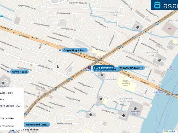 Map of condo projects near BL06 Sirindhorn station. Nearest projects are Brix Condominium Charan 64 29 m, URBANO RAJAVITHI 310 m, Origin Plug & Play Sirindhorn Station 392 m, Kanya House 944 m, The Parkland Charan-Pinklao 1.0 km. Visit asanha.com/map for the full map