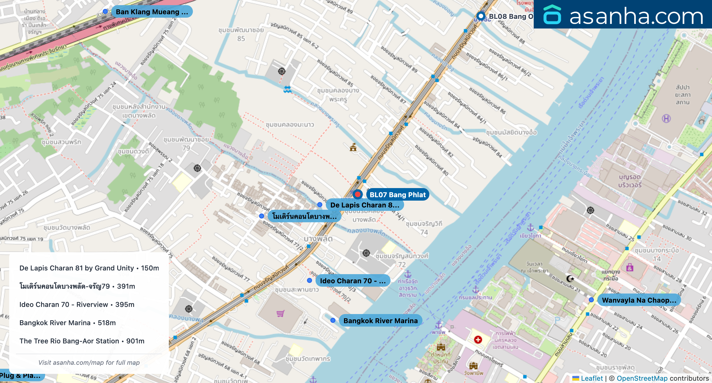 Map of condo projects near BL07 Bang Phlat station. Nearest projects are De Lapis Charan 81 by Grand Unity 150 m, โมเดิร์นคอนโดบางพลัด-จรัญ79 391 m, Ideo Charan 70 - Riverview 395 m, Bangkok River Marina 518 m, The Tree Rio Bang-Aor Station 901 m. Visit asanha.com/map for the full map