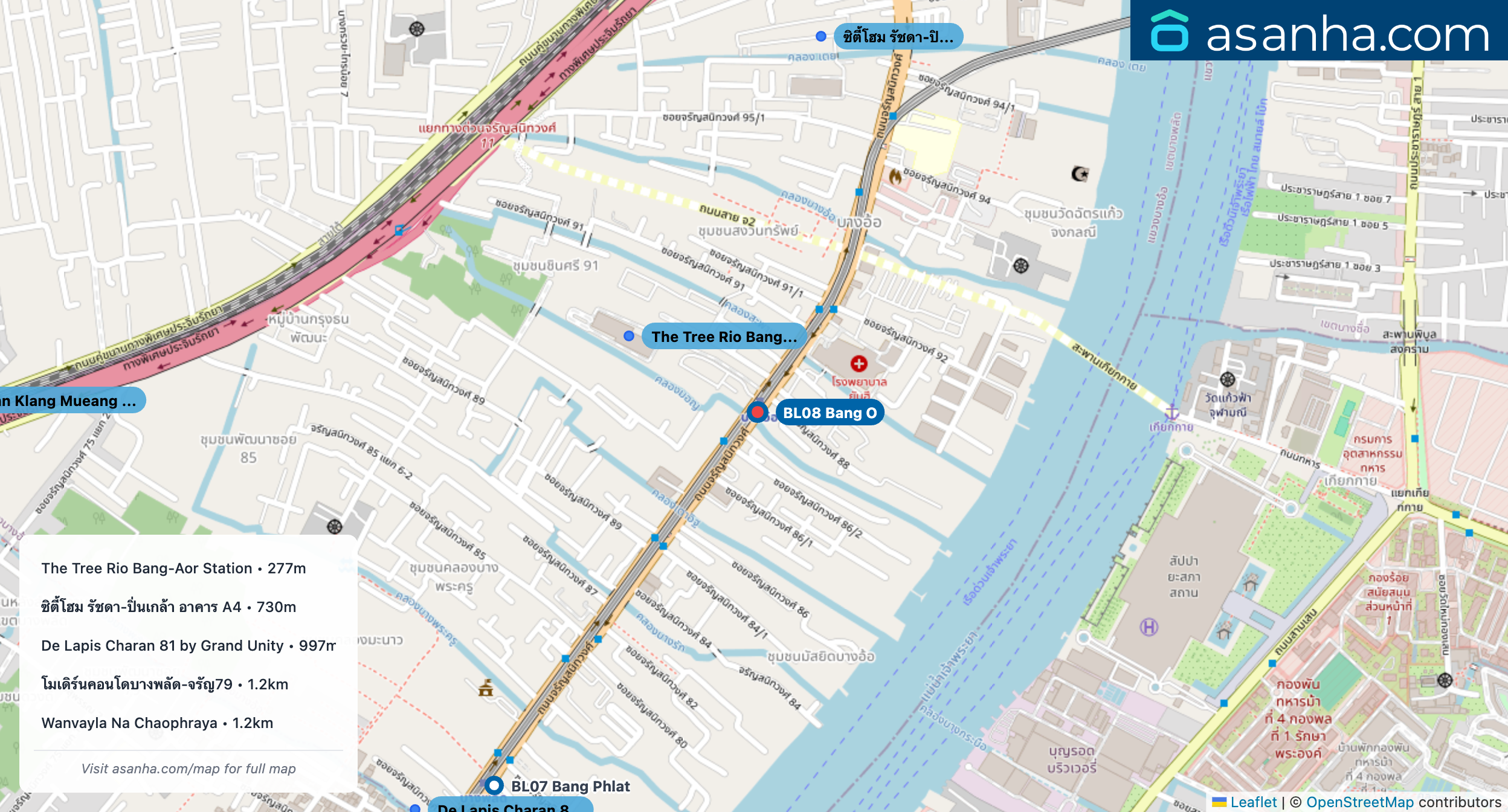Map of condo projects near BL08 Bang O station. Nearest projects are The Tree Rio Bang-Aor Station 277 m, ซิตี้โฮม รัชดา-ปิ่นเกล้า อาคาร A4 730 m, De Lapis Charan 81 by Grand Unity 997 m, โมเดิร์นคอนโดบางพลัด-จรัญ79 1.2 km, Wanvayla Na Chaophraya 1.2 km. Visit asanha.com/map for the full map
