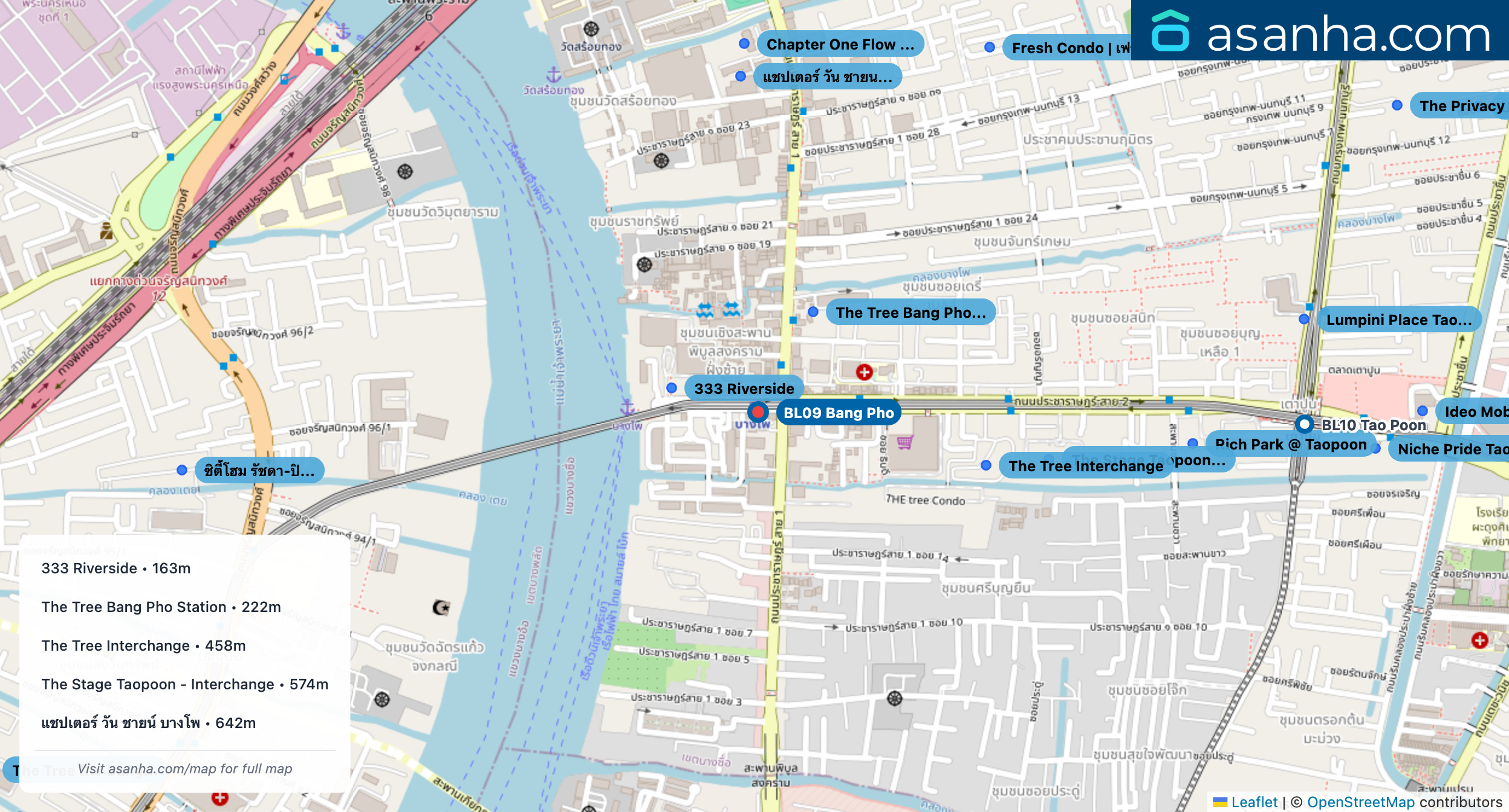 Map of condo projects near BL09 Bang Pho station. Nearest projects are 333 Riverside 163 m, The Tree Bang Pho Station 222 m, The Tree Interchange 458 m, The Stage Taopoon - Interchange 574 m, แชปเตอร์ วัน ชายน์ บางโพ 642 m. Visit asanha.com/map for the full map