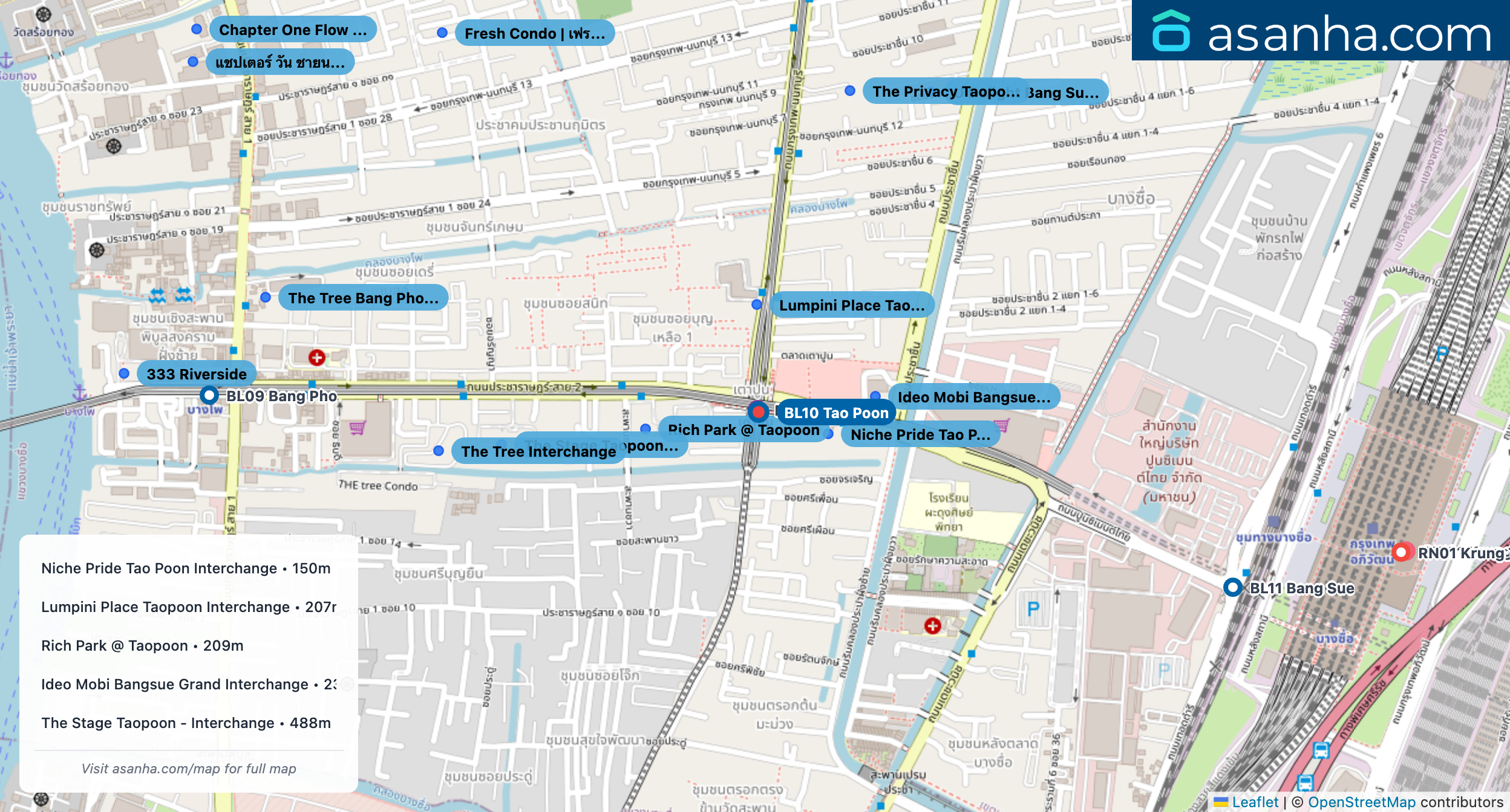 Map of condo projects near BL10 Tao Poon station. Nearest projects are Niche Pride Tao Poon Interchange 150 m, Lumpini Place Taopoon Interchange 207 m, Rich Park @ Taopoon 209 m, Ideo Mobi Bangsue Grand Interchange 236 m, The Stage Taopoon - Interchange 488 m. Visit asanha.com/map for the full map