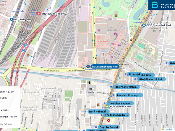 Map of condo projects near BL12 Kamphaeng Phet station. Nearest projects are Ideo Phaholyothin Chatuchak 370 m, Ideo-Mix Phaholyothin 460 m, M Jatujak 463 m, The Editor Saphan Khwai 481 m, Notting Hill Jatujak Interchange 495 m. Visit asanha.com/map for the full map