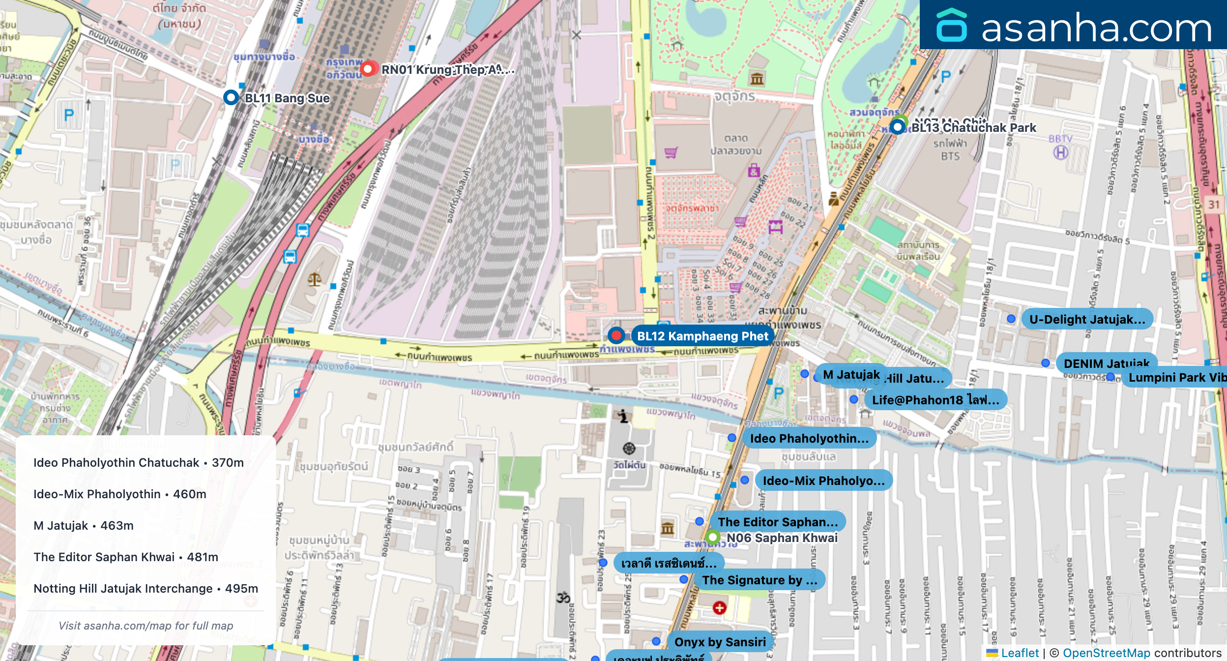 Map of condo projects near BL12 Kamphaeng Phet station. Nearest projects are Ideo Phaholyothin Chatuchak 370 m, Ideo-Mix Phaholyothin 460 m, M Jatujak 463 m, The Editor Saphan Khwai 481 m, Notting Hill Jatujak Interchange 495 m. Visit asanha.com/map for the full map