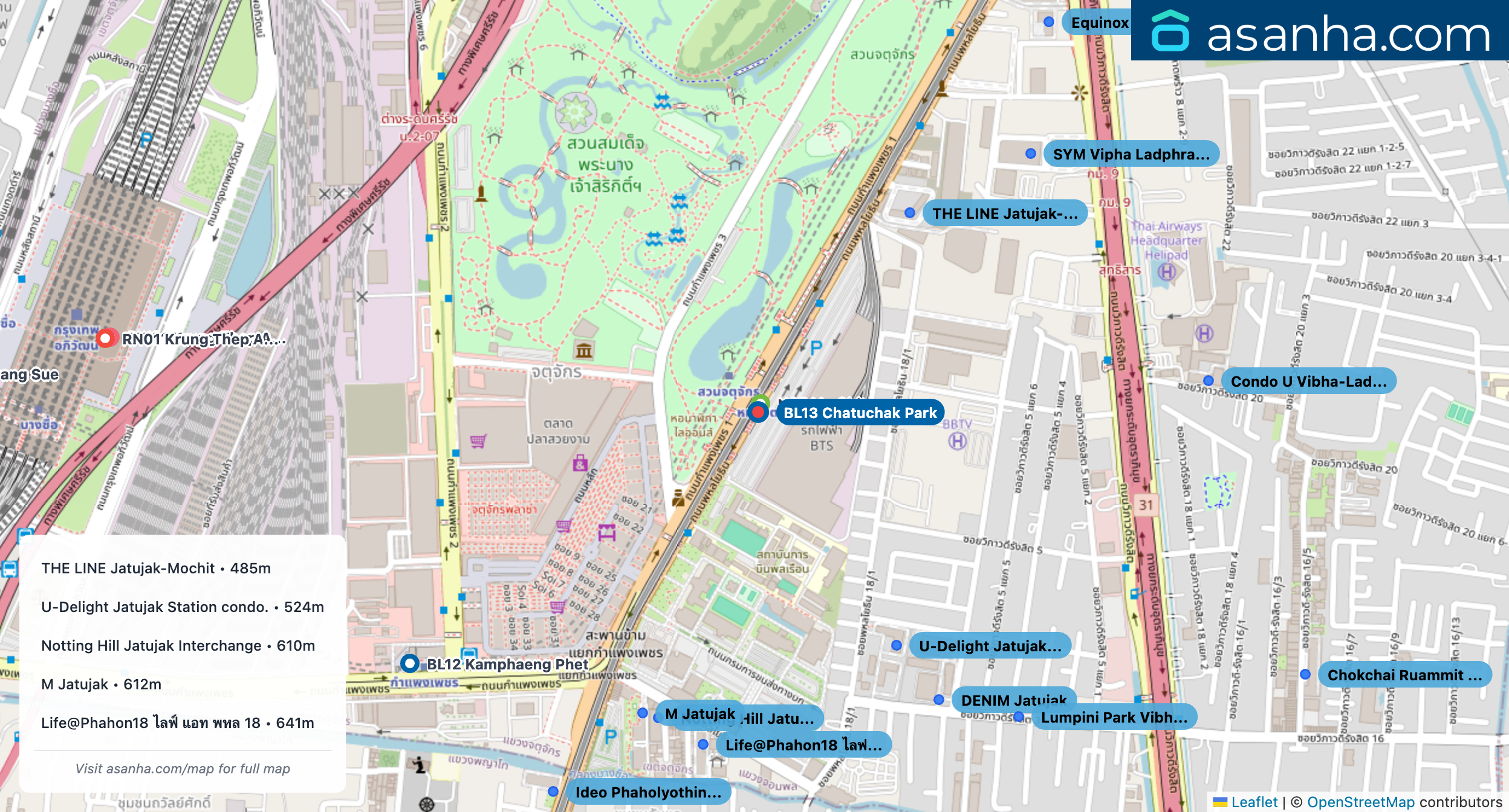 Map of condo projects near BL13 Chatuchak Park station. Nearest projects are THE LINE Jatujak-Mochit 485 m, U-Delight Jatujak Station condo. 524 m, Notting Hill Jatujak Interchange 610 m, M Jatujak 612 m, Life@Phahon18 ไลฟ์ แอท พหล 18 641 m. Visit asanha.com/map for the full map