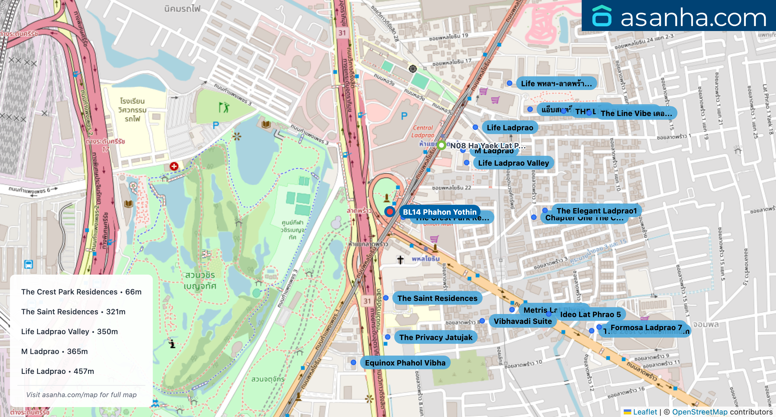 Map of condo projects near BL14 Phahon Yothin station. Nearest projects are The Crest Park Residences 66 m, The Saint Residences 321 m, Life Ladprao Valley 350 m, M Ladprao 365 m, Life Ladprao 457 m. Visit asanha.com/map for the full map