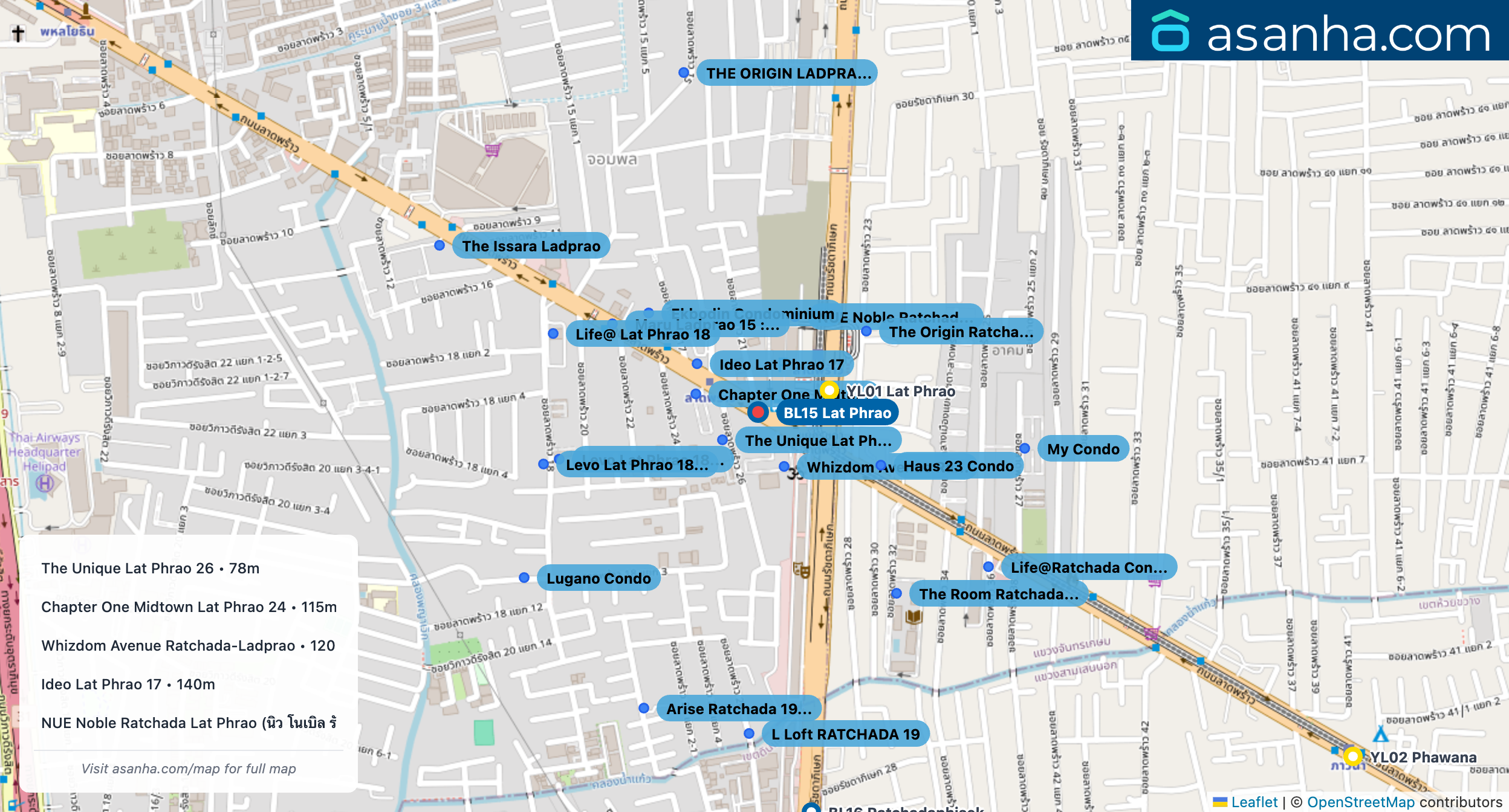 Map of condo projects near BL15 Lat Phrao station. Nearest projects are The Unique Lat Phrao 26 78 m, Chapter One Midtown Lat Phrao 24 115 m, Whizdom Avenue Ratchada-Ladprao 120 m, Ideo Lat Phrao 17 140 m, NUE Noble Ratchada Lat Phrao (นิว โนเบิล รัชดา ลาดพร้าว) 199 m. Visit asanha.com/map for the full map