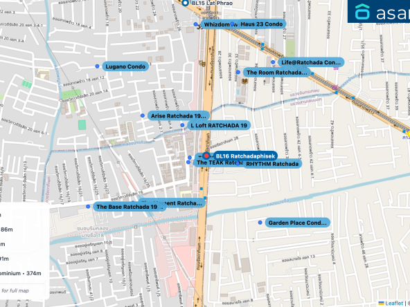 Map of condo projects near BL16 Ratchadaphisek station. Nearest projects are The Kris Express 2 73 m, The TEAK Ratchada 19 86 m, RHYTHM Ratchada 174 m, L Loft RATCHADA 19 191 m, Arise Ratchada 19 Condominium 374 m. Visit asanha.com/map for the full map
