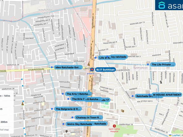 Map of condo projects near BL17 Sutthisan station. Nearest projects are Life @ Ratchada-Suthisan 141 m, Ivy ratchada 234 m, Quinn Ratchada 17 358 m, The kris 3 369 m, The Kris 6 Ratchada 17 395 m. Visit asanha.com/map for the full map
