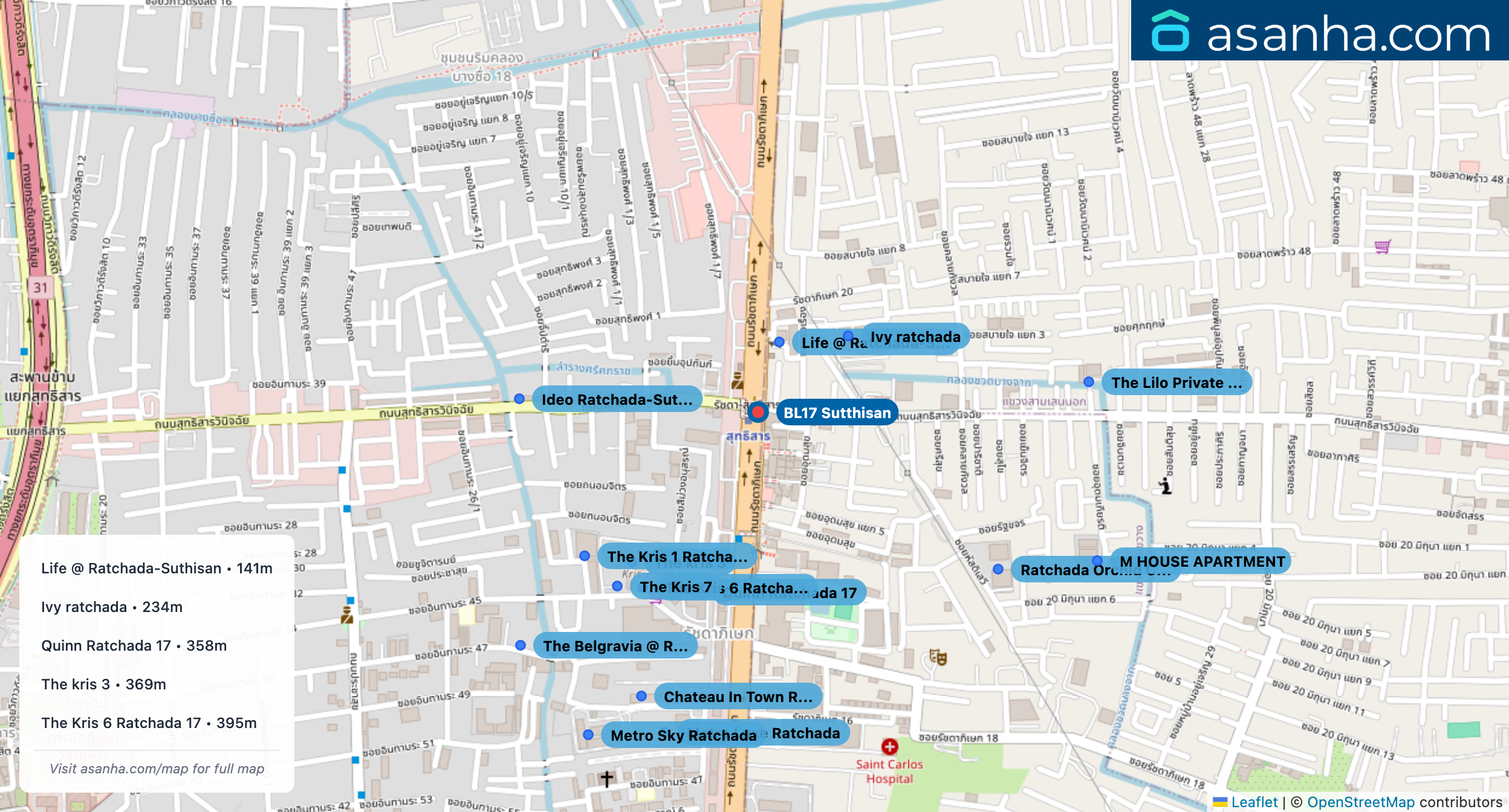 Map of condo projects near BL17 Sutthisan station. Nearest projects are Life @ Ratchada-Suthisan 141 m, Ivy ratchada 234 m, Quinn Ratchada 17 358 m, The kris 3 369 m, The Kris 6 Ratchada 17 395 m. Visit asanha.com/map for the full map