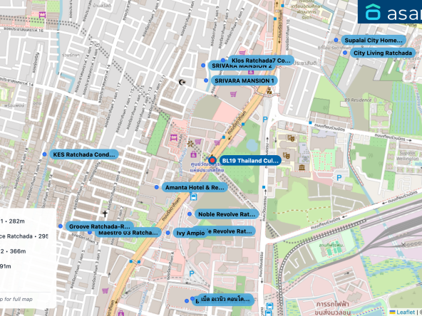 Map of condo projects near BL19 Thailand Cultural Centre station. Nearest projects are Noble Revolve Ratchada 1 282 m, Amanta Hotel & Residence Ratchada 295 m, Noble Revolve Ratchada 2 366 m, SRIVARA MANSION 1 391 m, Ivy Ampio 412 m. Visit asanha.com/map for the full map