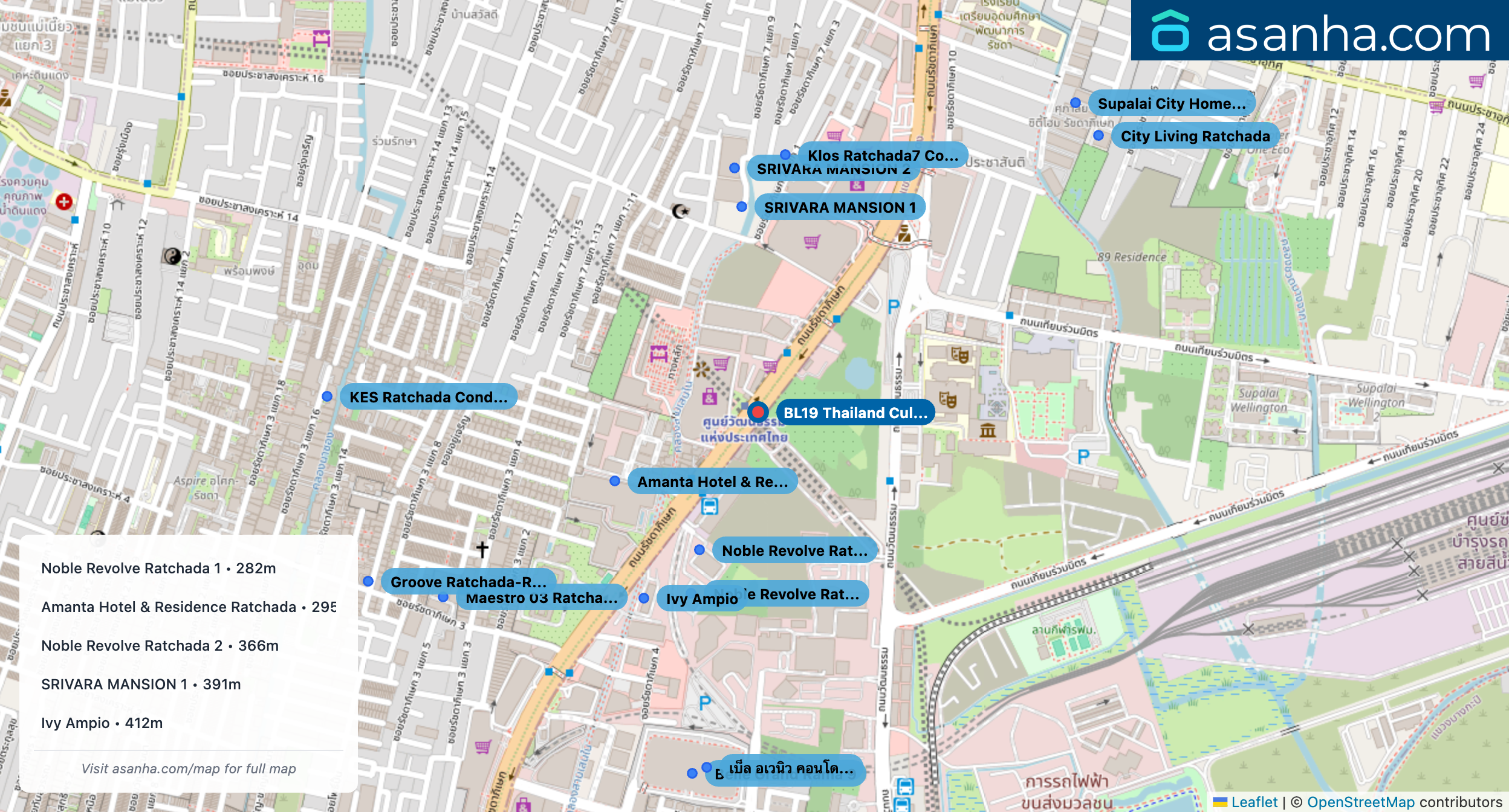 Map of condo projects near BL19 Thailand Cultural Centre station. Nearest projects are Noble Revolve Ratchada 1 282 m, Amanta Hotel & Residence Ratchada 295 m, Noble Revolve Ratchada 2 366 m, SRIVARA MANSION 1 391 m, Ivy Ampio 412 m. Visit asanha.com/map for the full map