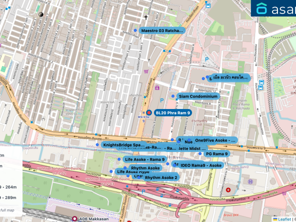 Map of condo projects near BL20 Phra Ram 9 station. Nearest projects are Siam Condominium 212 m, Ideo Mobi Rama 9 233 m, R House Rama 9 258 m, Condolette Midst Rama 9 264 m, ASHTON Asoke - Rama 9 289 m. Visit asanha.com/map for the full map