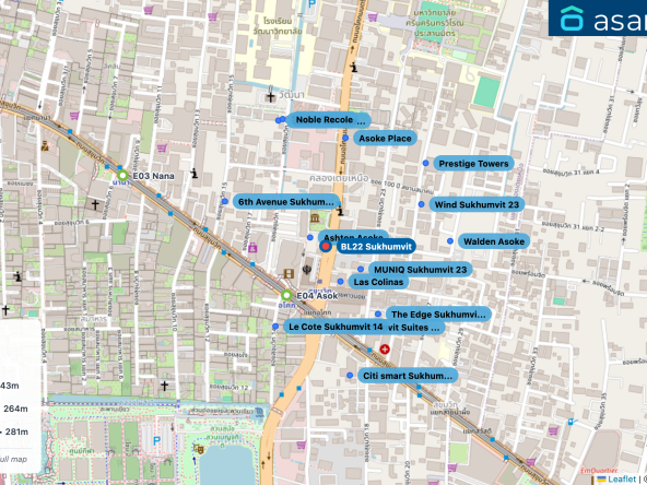 Map of condo projects near BL22 Sukhumvit station. Nearest projects are Ashton Asoke 50 m, Las Colinas 127 m, MUNIQ Sukhumvit 23 143 m, Sukhumvit Suites Hotel 264 m, The Edge Sukhumvit 23 281 m. Visit asanha.com/map for the full map