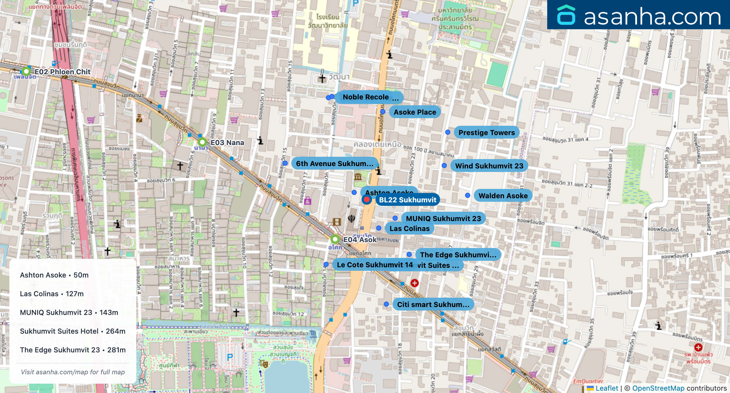 Map of condo projects near BL22 Sukhumvit station. Nearest projects are Ashton Asoke 50 m, Las Colinas 127 m, MUNIQ Sukhumvit 23 143 m, Sukhumvit Suites Hotel 264 m, The Edge Sukhumvit 23 281 m. Visit asanha.com/map for the full map