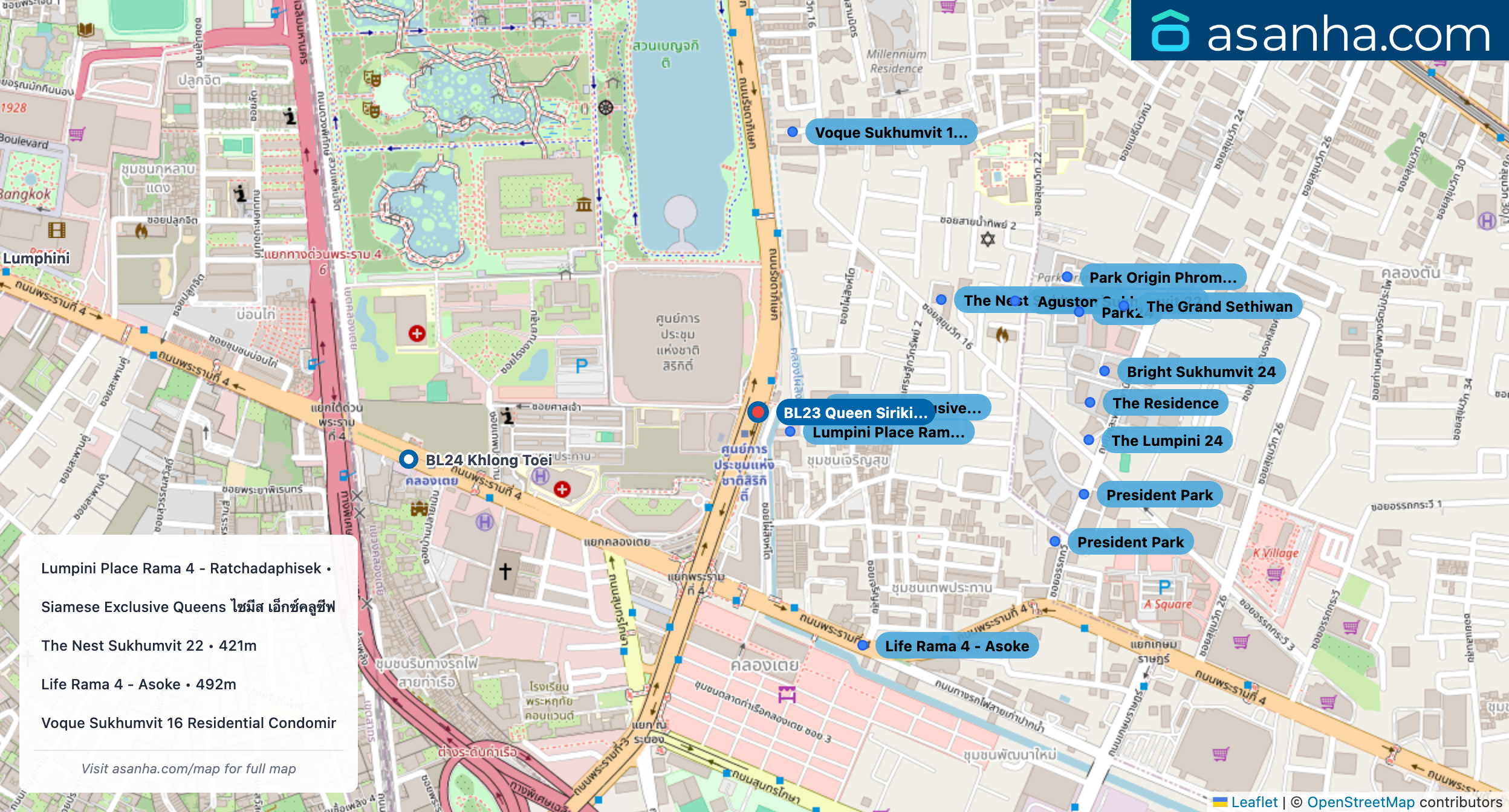 Map of condo projects near BL23 Queen Sirikit National Convention Centre station. Nearest projects are Lumpini Place Rama 4 - Ratchadaphisek 79 m, Siamese Exclusive Queens ไซมีส เอ็กซ์คลูซีฟ ควีนส์ 110 m, The Nest Sukhumvit 22 421 m, Life Rama 4 - Asoke 492 m, Voque Sukhumvit 16 Residential Condominium 539 m. Visit asanha.com/map for the full map