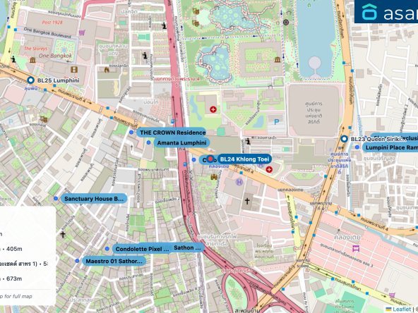 Map of condo projects near BL24 Khlong Toei station. Nearest projects are Coco Parc 72 m, Amanta Lumphini 308 m, THE CROWN Residences 405 m, The SHADE Sathon 1 (เดอะเชดด์ สาทร 1) 582 m, Condolette Pixel Sathorn 673 m. Visit asanha.com/map for the full map