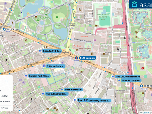 Map of condo projects near BL25 Lumphini station. Nearest projects are Q.House Sathron 453 m, Baan Nunthasiri 469 m, SALADAENG One 498 m, THE CROWN Residences 568 m, Baan Sathon Condominium 571 m. Visit asanha.com/map for the full map