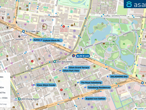 Map of condo projects near BL26 Si Lom station. Nearest projects are Silom Grand Terrace 188 m, Silom Park View 272 m, The Royal Saladaeng 382 m, Saladaeng Residences 477 m, Culture Chula คัลเจอร์ จุฬา 512 m. Visit asanha.com/map for the full map