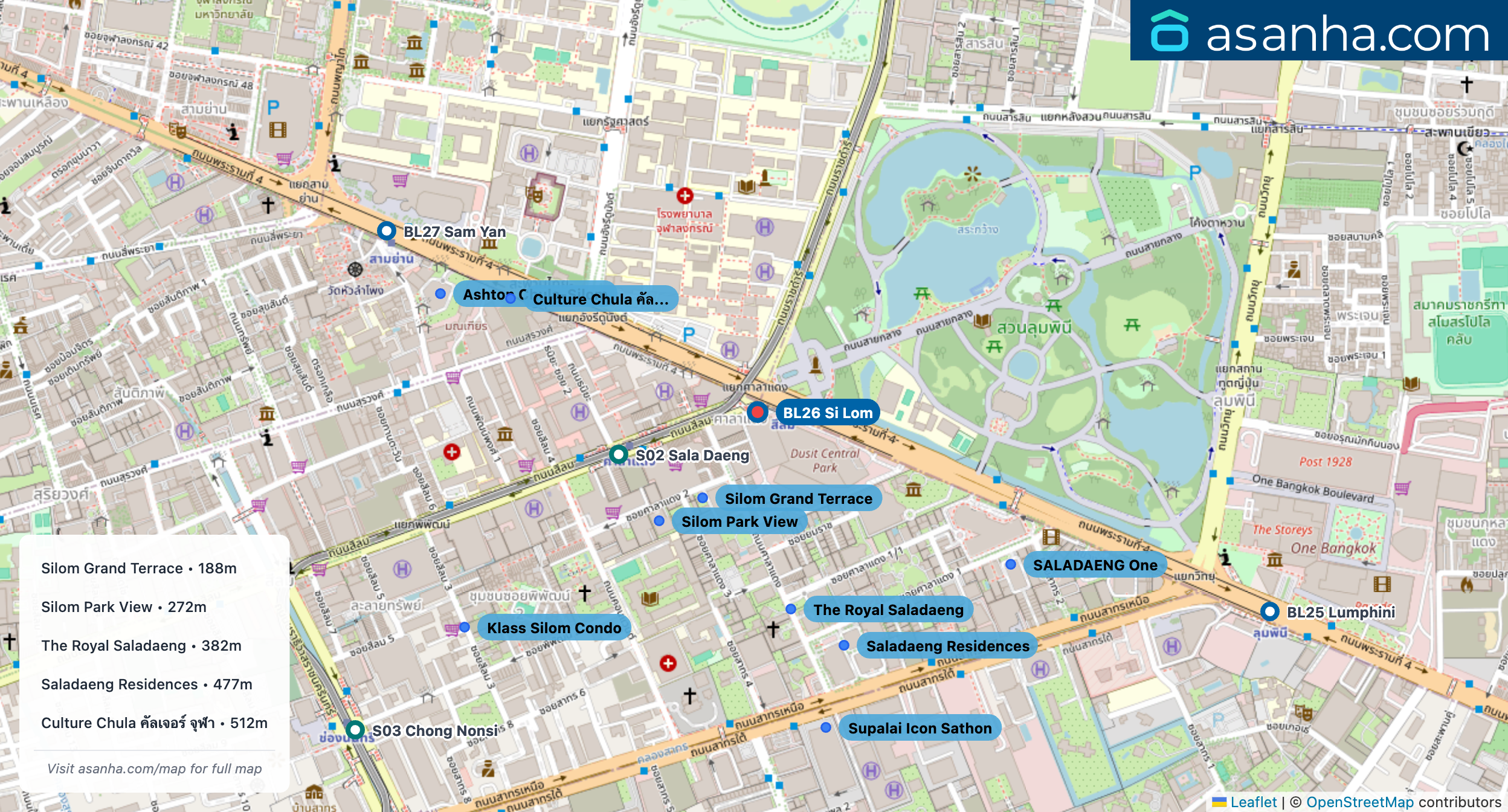 Map of condo projects near BL26 Si Lom station. Nearest projects are Silom Grand Terrace 188 m, Silom Park View 272 m, The Royal Saladaeng 382 m, Saladaeng Residences 477 m, Culture Chula คัลเจอร์ จุฬา 512 m. Visit asanha.com/map for the full map
