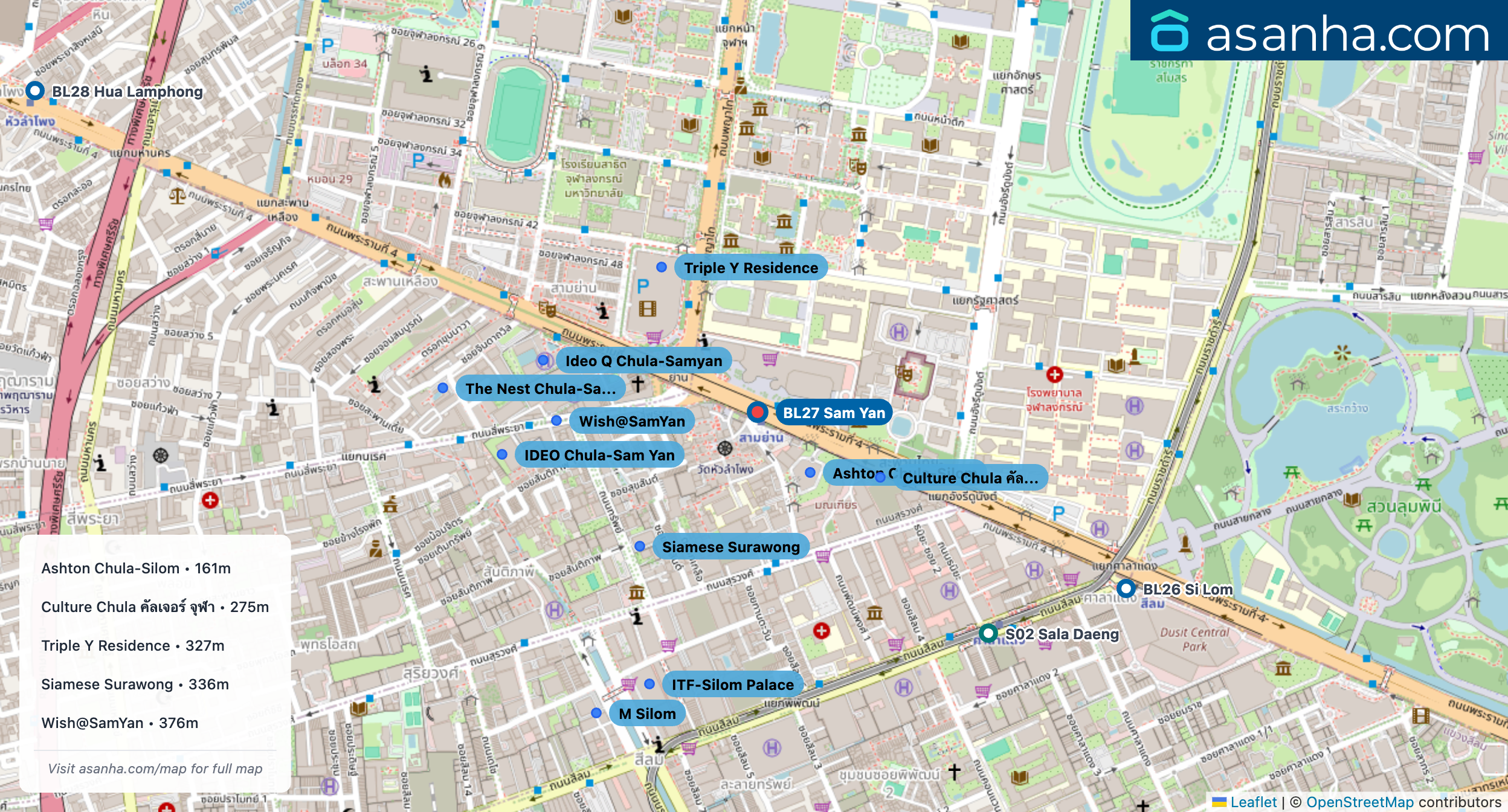 Map of condo projects near BL27 Sam Yan station. Nearest projects are Ashton Chula-Silom 161 m, Culture Chula คัลเจอร์ จุฬา 275 m, Triple Y Residence 327 m, Siamese Surawong 336 m, Wish@SamYan 376 m. Visit asanha.com/map for the full map