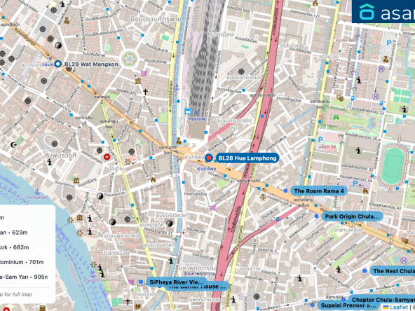 Map of condo projects near BL28 Hua Lamphong station. Nearest projects are The Room Rama 4 428 m, Park Origin Chula-Sam Yan 623 m, The Corner House Bangkok 682 m, SiPhaya River View Condominium 701 m, Supalai Premier Si Phraya-Sam Yan 905 m. Visit asanha.com/map for the full map