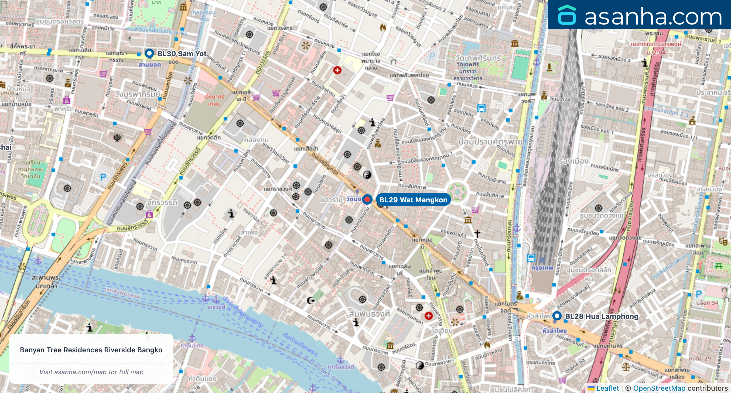 Map of condo projects near BL29 Wat Mangkon station. Nearest projects are Banyan Tree Residences Riverside Bangkok บันยัน ทรี เรสซิเดนซ์ ริเวอร์ไซด์ กรุงเทพ 1.1 km. Visit asanha.com/map for the full map