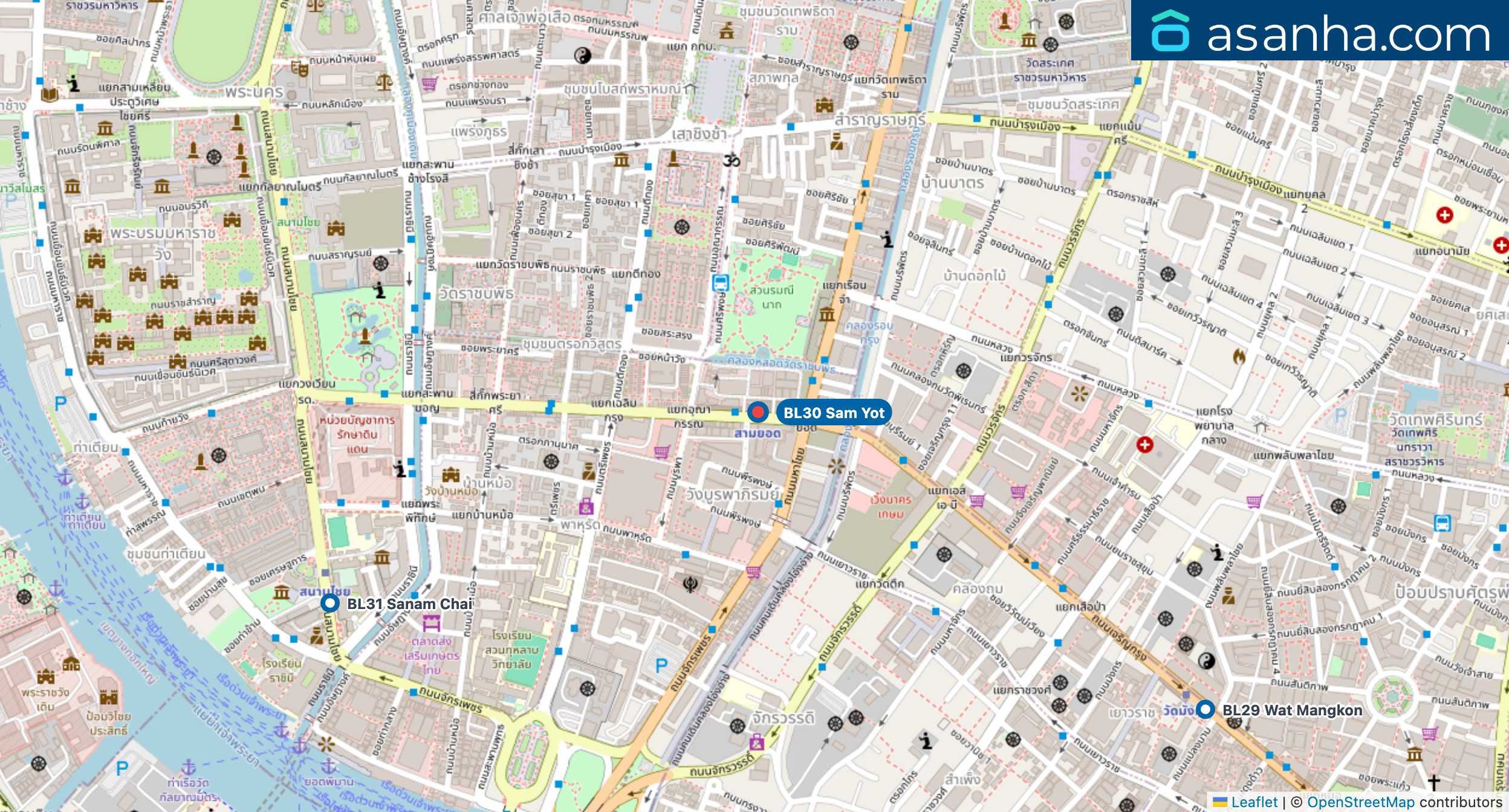 Map of condo projects near BL30 Sam Yot station. Nearest projects are no nearby properties. Visit asanha.com/map for the full map