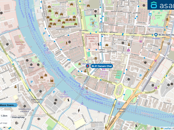 Map of condo projects near BL31 Sanam Chai station. Nearest projects are Niche Mono Itsaraphap 1.3 km. Visit asanha.com/map for the full map