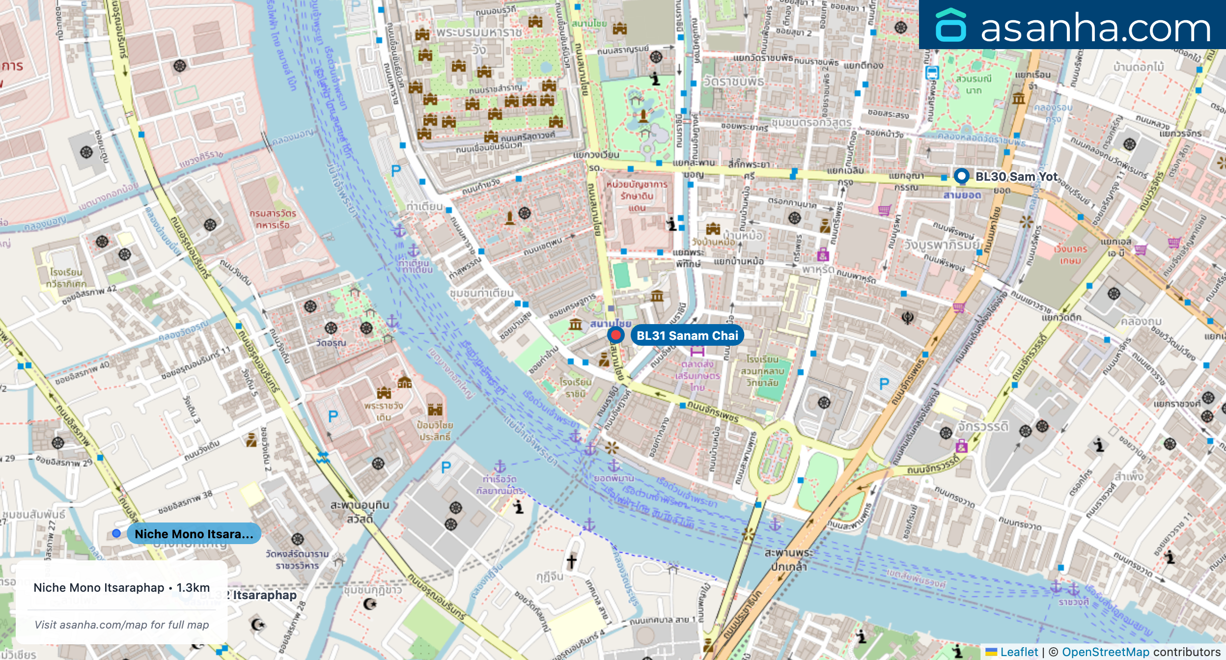 Map of condo projects near BL31 Sanam Chai station. Nearest projects are Niche Mono Itsaraphap 1.3 km. Visit asanha.com/map for the full map