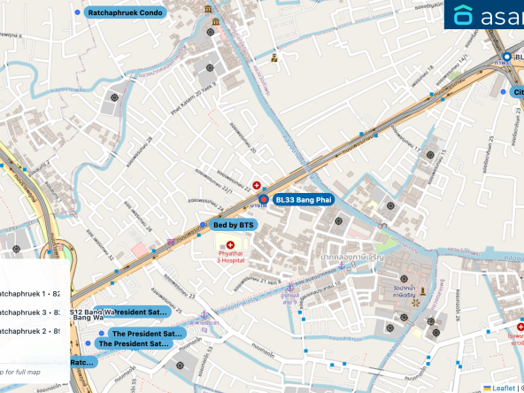 Map of condo projects near BL33 Bang Phai station. Nearest projects are Bed by BTS 254 m, The President Sathon-Ratchaphruek 1 824 m, The President Sathon-Ratchaphruek 3 827 m, The President Sathon-Ratchaphruek 2 891 m, UNIO Charan 3 904 m. Visit asanha.com/map for the full map