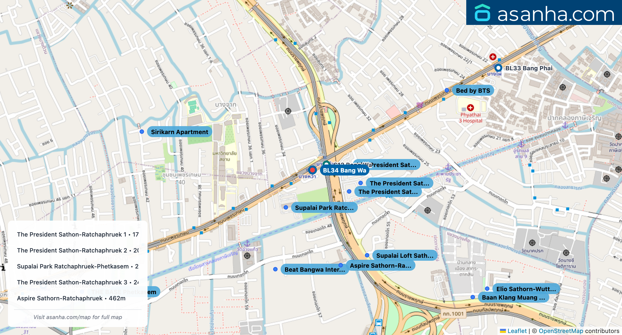Map of condo projects near BL34 Bang Wa station. Nearest projects are The President Sathon-Ratchaphruek 1 176 m, The President Sathon-Ratchaphruek 2 207 m, Supalai Park Ratchaphruek-Phetkasem 208 m, The President Sathon-Ratchaphruek 3 242 m, Aspire Sathorn-Ratchaphruek 462 m. Visit asanha.com/map for the full map
