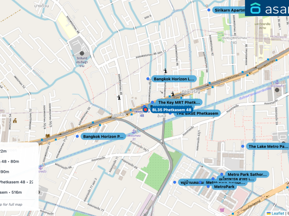 Map of condo projects near BL35 Phetkasem 48 station. Nearest projects are Bangkok Horizon P48 22 m, The Key MRT Phetkasem 48 80 m, THE BASE Phetkasem 190 m, Bangkok Horizon Lite @Phetkasem 48 222 m, Bangkok Horizon Phetkasem 516 m. Visit asanha.com/map for the full map
