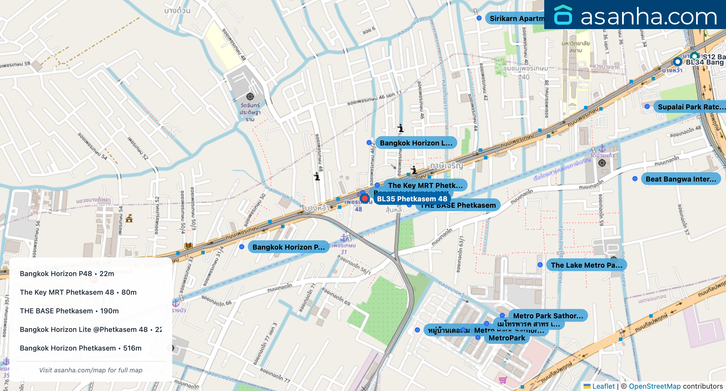Map of condo projects near BL35 Phetkasem 48 station. Nearest projects are Bangkok Horizon P48 22 m, The Key MRT Phetkasem 48 80 m, THE BASE Phetkasem 190 m, Bangkok Horizon Lite @Phetkasem 48 222 m, Bangkok Horizon Phetkasem 516 m. Visit asanha.com/map for the full map